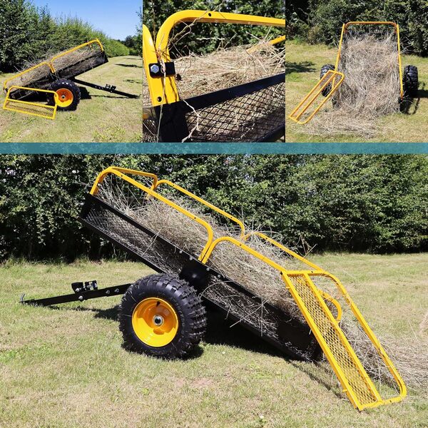 Wiltec Remorque basculante – 1422 x 762 x 304 mm – capacité 450 kg – en Acier – avec Grille et Parois Amovibles – pour Tondeuse autoportée ATV Jardinage Transport