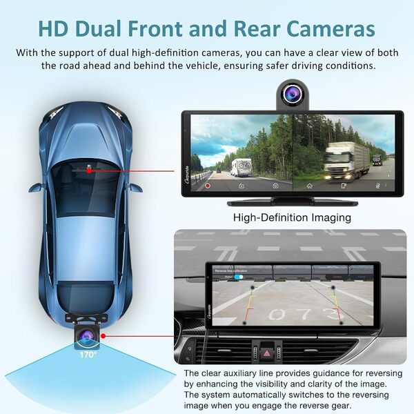 2025 Carpuride W903 Autoradio sans Fil Carplay & Android Auto avec Caméra de Tableau de Bord 4K, Caméra de Recul, écran Tactile Portable IPS 9,3