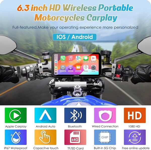 Carpuride W603 Écran Carplay pour Moto, CarPlay sans Fil et Android Auto pour Moto, Télécommande, Écran Tactile Étanche de 6,3 Pouces, Audio BT, Navigation GPS, Siri, Assistant G00gle