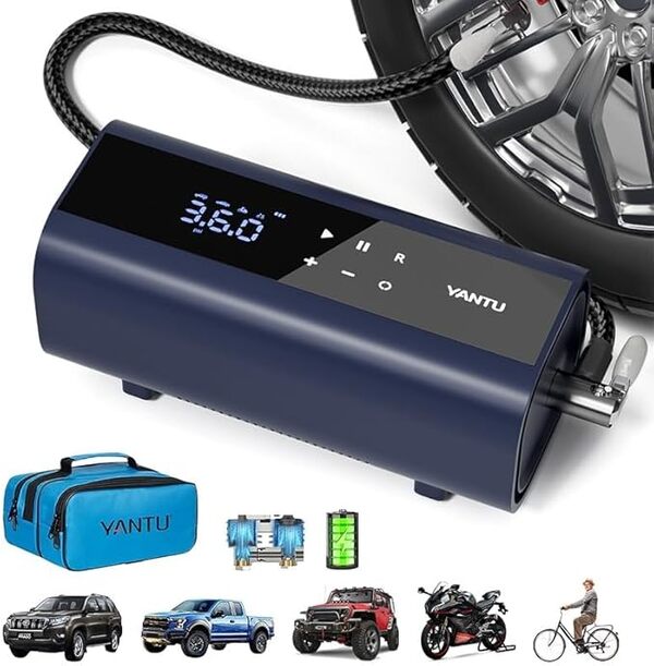 YANTU Gonfleur de pneu portable sans fil pour pneus de voiture, pompe à pneu 12 V alimentée par batterie, double cylindre 2 x gonflage, pompe à air avec grand écran numérique de 21,6 cm pour