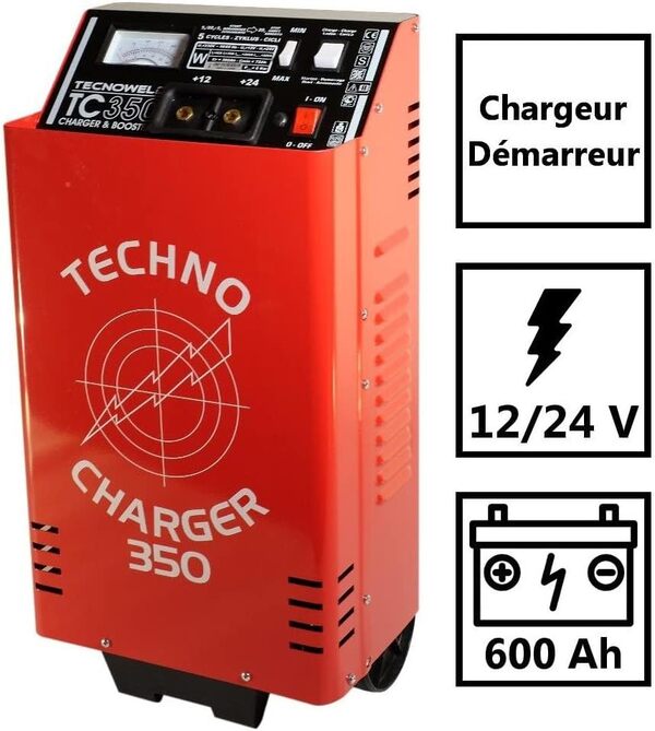 TECNOWELD - Chargeur démarreur de batterie 12-24V Charge 60A auto poids lourds 600 Ah TEC350 sur roues