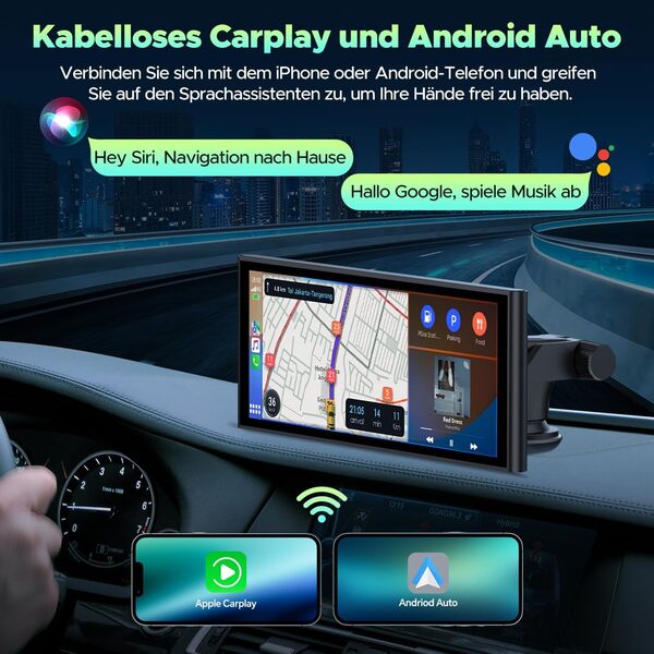 Lamto Autoradio A-pple Carplay Android Auto sans Fil,Radio Voiture avec Dashcam Voiture Avant Arrière 4K+1080P,9,26 Pouces Portable Stéréo de Voiture avec Lien Miroir/Bluetooth/Siri/Goo-gle/FM/64G TF