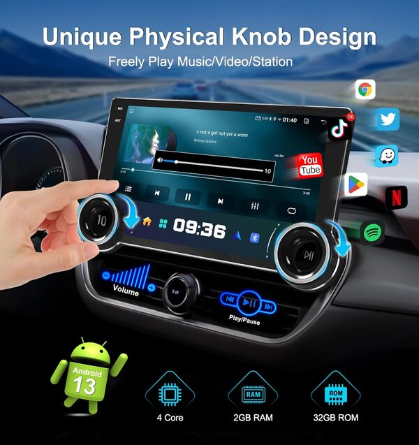 URVOLAX Autoradio Bluetooth Android 13, 10,1 Pouces 1 Din Dab+ Apple Carplay Voiture Android Auto Sans Fil Ecran Tactile Poste Radio avec Navi Bluetooth 5.4, Car Play avec Bouton Mirrorlink FM RDS SWC