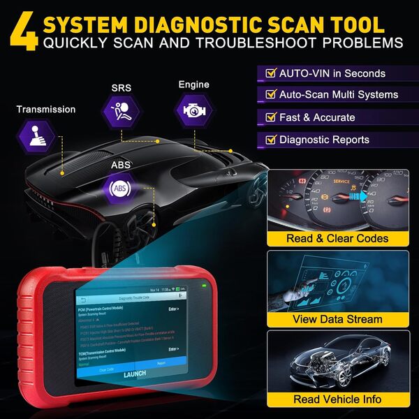 Launch Valise Diagnostic Auto Launch CRP123E V2.0 Diagnostic Voiture 4 Système Moteur ABS SRS at Diagnostic Voiture 7 Réinitialisations Huile EPB SAS BMS accélérateur DPF Réinitialisation Purge ABS