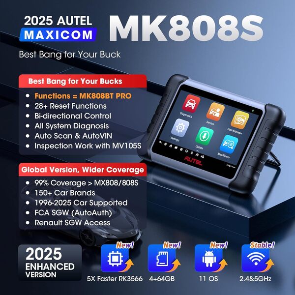Autel MaxiCOM MK808S Valise Diagnostic Auto, 2025 Outil OBD2 Mise à Jour de MX808 MK808, 28+ Service, Test Actif, Diagnostic Tous Système, Codage de Injecteur/EPB/BMS/SAS/TPMS/AutoVIN/ABS,FCA Autoauth