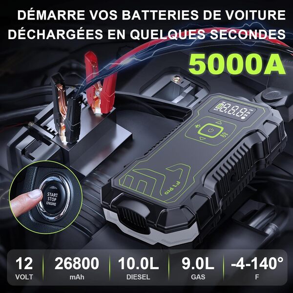 Booster Batterie Voiture 5000A,160PSI Gonfleur Pneus Voiture,26800mAh Démarreur de Voiture avec Compresseur à Air,12V Jump Starter pour Véhicule(10.0L Gaz/9.0L Diesel),600 Lumens LED,LED Écran,QC 3.0