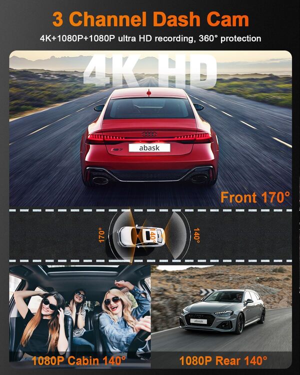 abask 4K Dashcam Voiture Avant Arrière Intérieur, WiFi GPS Triple Camera Voiture 2160P+1080P+1080P,Carte SD 64G,Capteur G,Enregistrement en Boucle,Mode Stationnement 24H,Vision Nocturne,Max 256GO
