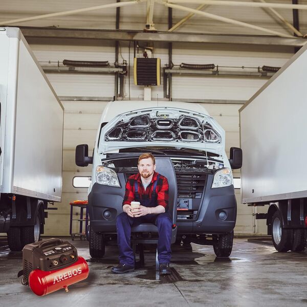 Arebos 6L Compresseur d'air 1200W | incl. 13 pieces d'outils pneumatiques | Arrêt automatique | Tuyau d'air extra long | Sans huile | Compresseur d'air 8 bar