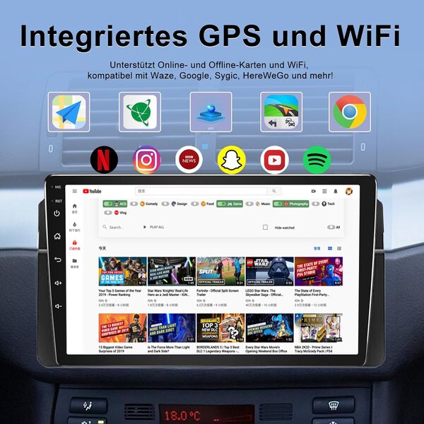 Autoradio Android 4 + 64 Go pour BMW Série 3 E46 1999-2005 avec Carplay sans fil Android Auto 9 pouces Navigation GPS pour voiture BMW E46 Radio Bluetooth WiFi DSP SWC