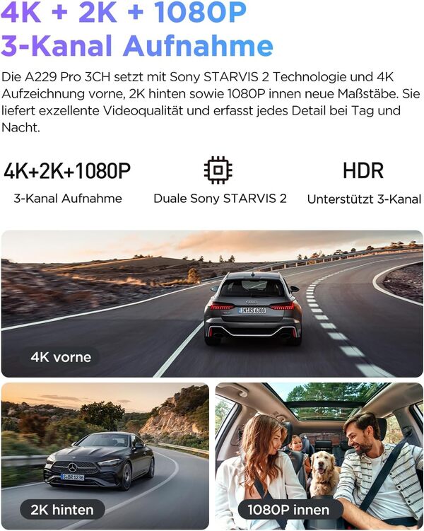 VIOFO A229 Pro 3 objectifs 4K + 2K + 1080P, Dual Starvis 2, HDR avant arrière intérieur Dashcam voiture, commande vocale et caméra de voiture Wi-Fi 5 GHz, GPS ultra précis, super vision nocturne 2.0,