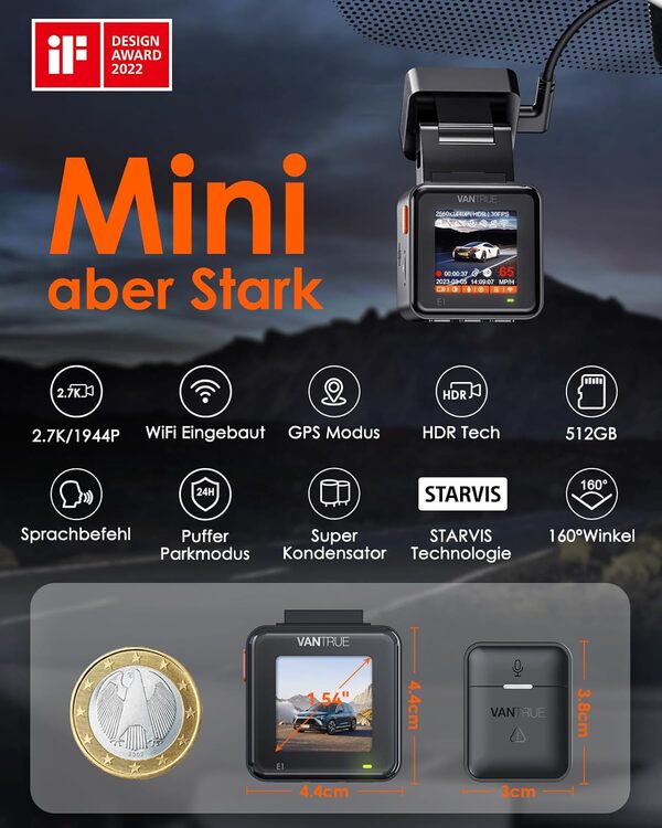 VANTRUE E1 2.7K Mini Dashcam Voiture WiFi GPS, 2.5K 1440P/60FPS Caméra Embarquée de Bord HDR, Contrôle Vocale en Français & Appli, 24H Mode Parking du Tampon, Vision Nocturne 1,54 Pouces 160°Max 512Go