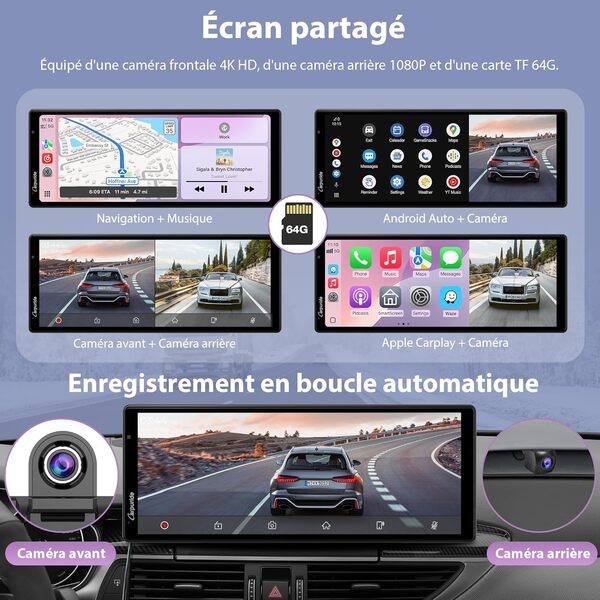 Carpuride Carplay sans Fil et Android Auto avec Dash Cam - Écran Tactile HD IPS 10,26