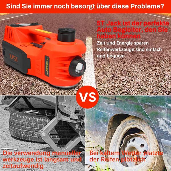 BuyWeek Cric de voiture hydraulique 5T Kit de cric de voiture électrique DC 12 V Kit d'outils de cric de pneu avec gonfleur et lumière LED Cric de levage for voiture SUV Réparation de pneus Changement