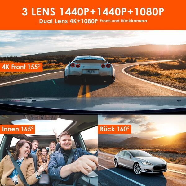 VANTRUE N4 Triple Dashcam Voiture 2.5K+2.5K+1080P, Camera Embarquée 4k HDR 30FPS Avant et Arrière, 3 Canuax 360 Degrés 24h. Mode Parking Jour et Nuit, Vision Nocturne IR, WDR 2.45