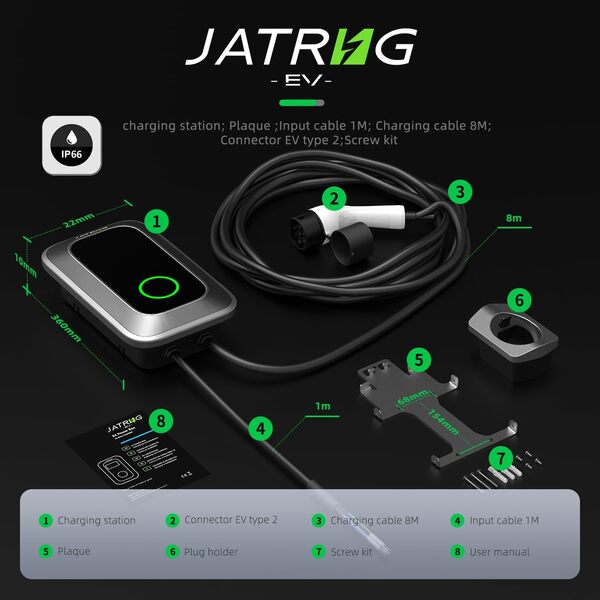 JATRHG S1 Borne de Recharge pour Véhicule Électrique 7kW 8M 32A Monophasé IP66 Station de Charge Type 2 IEC 62196-2 - Chargeur Rapide EV Wallbox [Classe énergétique A++]