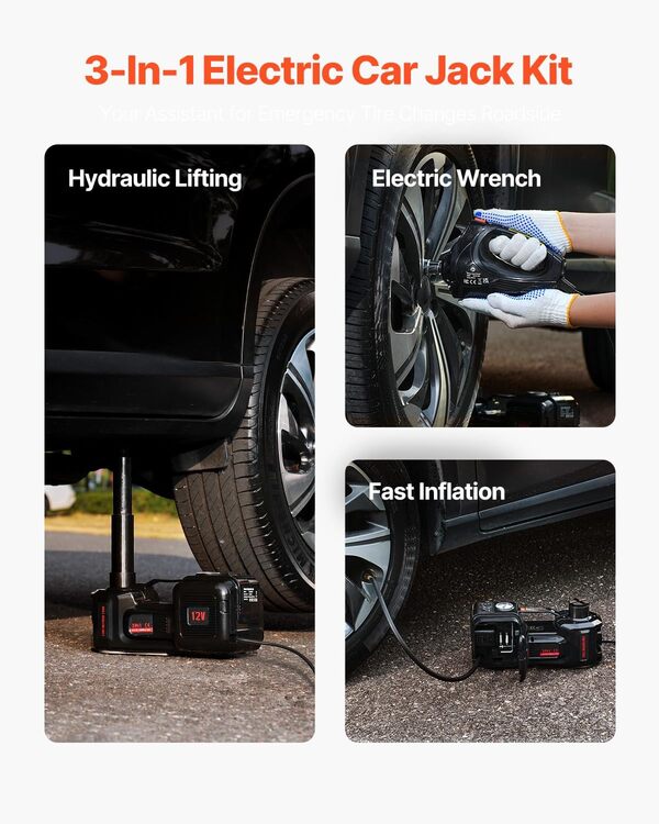 VEVOR Cric Électrique 5 T, Cric de Voiture Automatique avec Gonfleur Intégré, Cric de Levage avec Clé à Chocs Électrique et Lampe LED, Outil Démonte-Pneu Portable pour Dépannage Routière SUV Berline