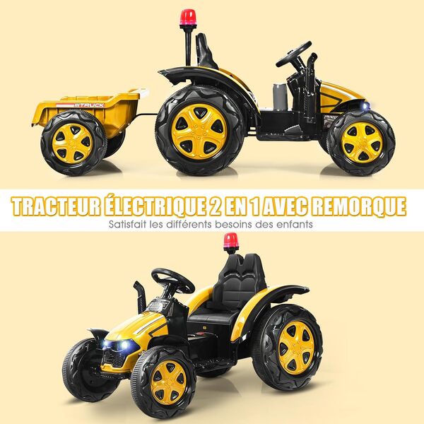 COSTWAY 12V Tracteur Électrique Enfant avec Remorque Amovible & Télécommande 2,4G, Voiture Électrique avec Lumière & Musique, Cheminée & Feu, 3-8 km/h, Charge 30kg pour Enfants de 3-8 Ans