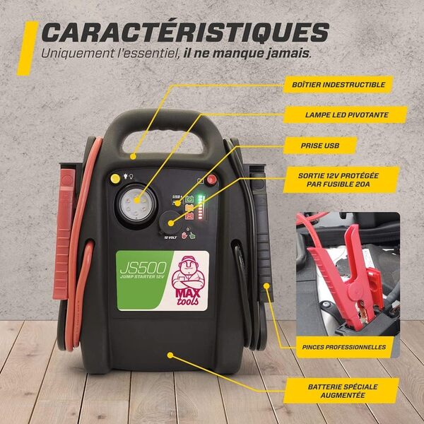 MAXTOOLS JS500 2200 A 22 Ah, Démarreur d'Urgence pour Voitures et Camionnettes, Moteurs Diesel et Essence 12V, Jump Starter, avec Torche LED, Port USB et Câbles de Démarrage
