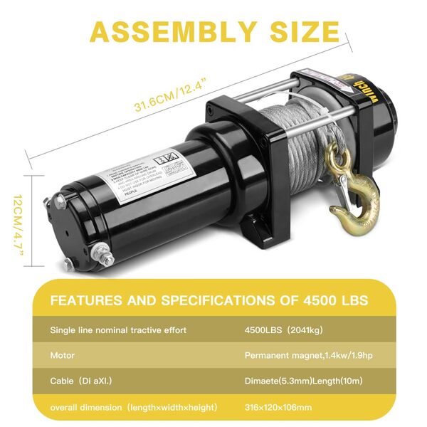 Stanew Corde de Treuil Electrique Sans Fil 4500lb, 12V Treuil électrique économique 6mmx10m, Moteur puissant à enroulement, Câble en acier