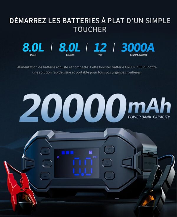 Booster Batterie Voiture 3000A 12V Booster Batterie + Compresseur d'air, Urgence pour Moteurs à Essence 8.0L & Diesel, Pack avec Power Bank, Haute Efficacité pour Tout Temps