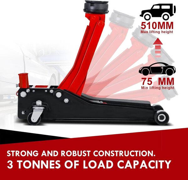 CCLIFE Cric Hydraulique Extra Plat 3T Cric Voiture Hauteur de Levage de 75-510mm Gants de Montage Coussin en Caoutchouc Support mécanique