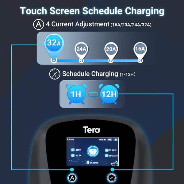 Tera Chargeur Voiture Électrique Triphasé Type 2: Borne de Recharge Véhicule Électrique 22kw 32A 400V Prise CEE Puissance Courant Réglable CE Certifié 7M Câble de Charge Compatible avec EV W01 Gris