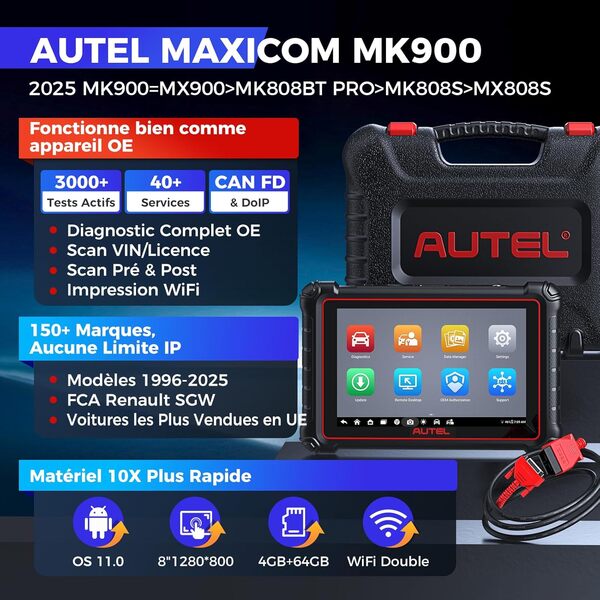 Autel MaxiCOM MK900 Valise Diagnostic Auto: 2025 Idem MK900BT, Mise à Jour de MX808S, MK808BT Pro, MK808Z Outil Analyse Bidirectionnel, CANFD&DOIP, 3000+ Tests Actifs, 40+ Service, Diagnostic OE,11 OS