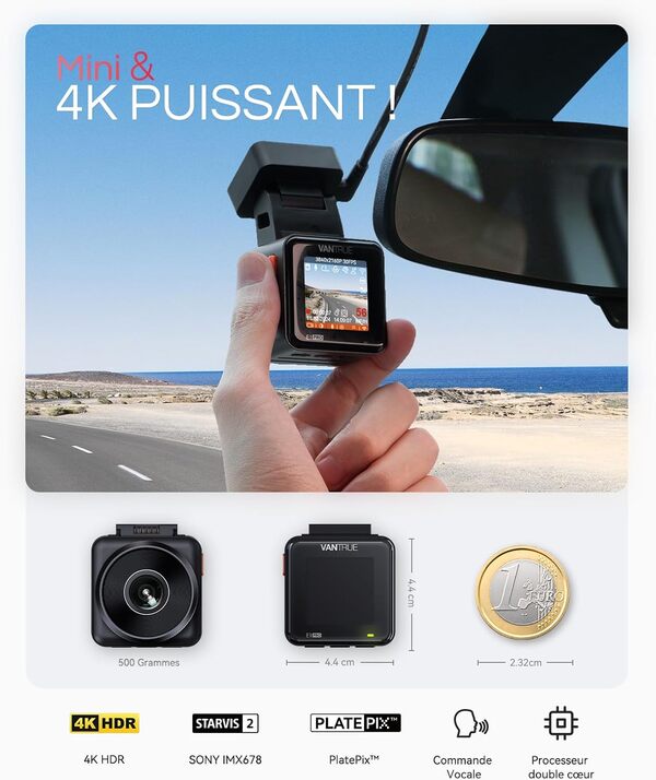 VANTRUE E1 Pro 4K HDR STARVIS 2 Dashcam Voiture Avant, Mini Caméra Embarquée Caché 5Ghz WiFi GPS avec CPL, Contrôle Vocale Français, 160°Mode Parking 15s Pré-Enregistrement, Vision Nocturne Max 1 to