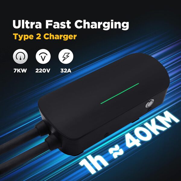 Morec Station de Recharge pour véhicule électrique Wallbox 7KW Type 2, Chargeur de Voiture électrique monophasé avec câble de Charge de 6M