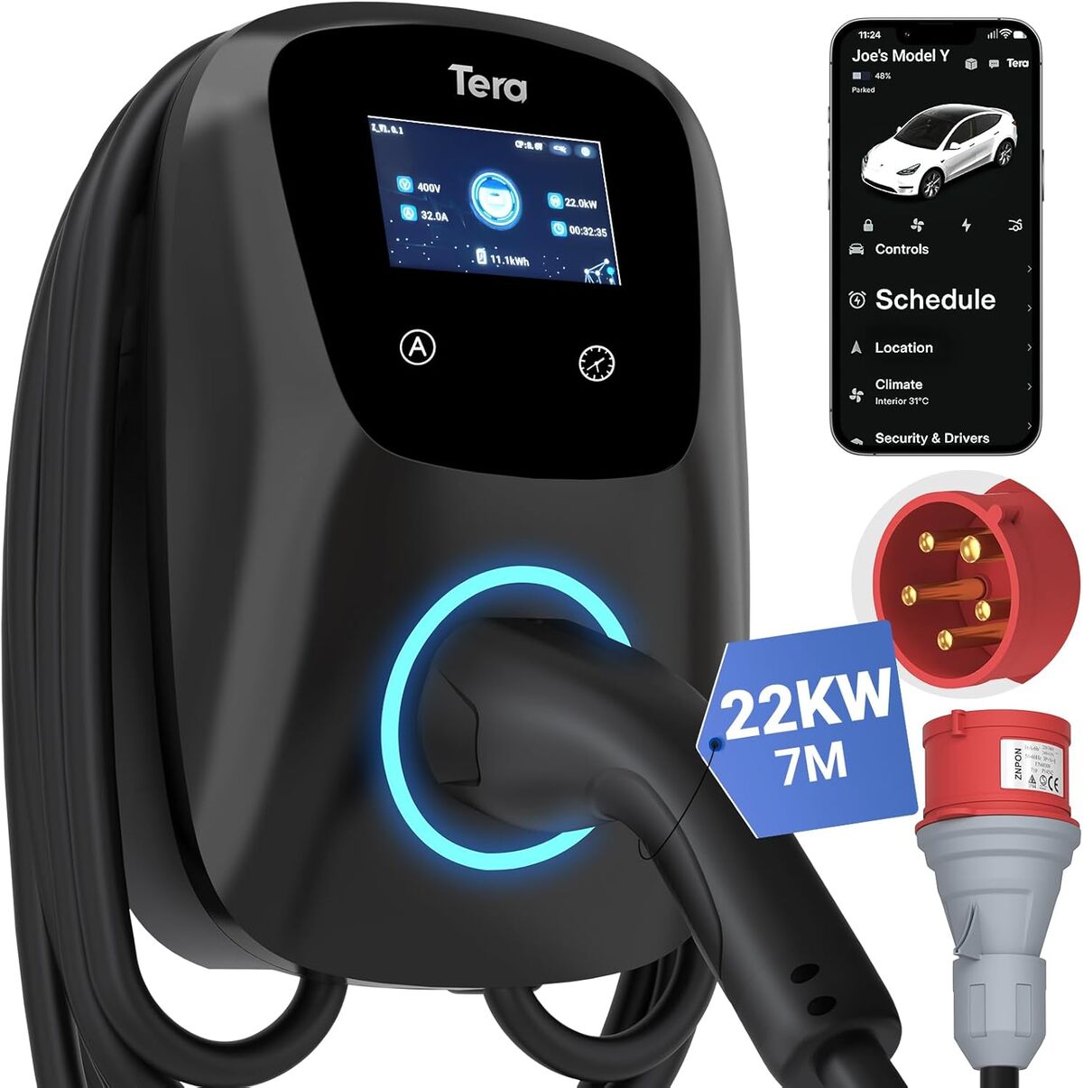 Test du chargeur Tera triphasé Type 2 22kW pour voiture électrique