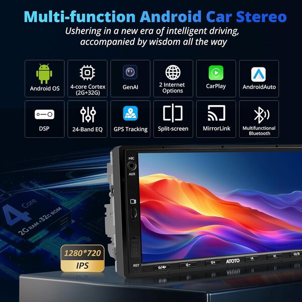 A5L 7 Pouces Android Autoradio 2 Din, Carplay sans Fil & Android Auto sans Fil, Écran Tactile Stereo avec OBD2, Égaliseur 24 Bandes, DSP, 2+32G, GPS Navi, WiFi/BT/USB Tethering,MirrorLink