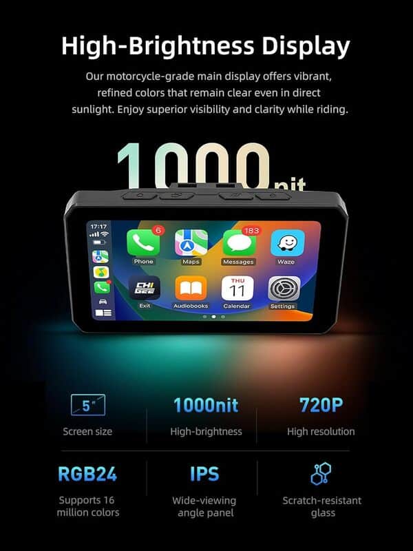 AIO-5 Play for BMW Motorcycles, 3-Pin Interface, Plug-and-Play Smart Display with Apple CarPlay & Android Auto, 60FPS, IP68 Waterproof, Built-in GPS, Anti-Theft Alarm, Data Reading