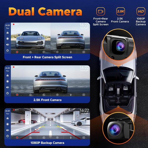 Volam 9,26 Pouces Ecran Carplay Voiture avec Caméra Embarquée Avant 2,5 K, Caméra de Recul 1080p, A-pple Carplay Android Auto sans Fil, Mirror Link, Navigation, G00gle, Siri,FM,AUX,Carte de 64 Go