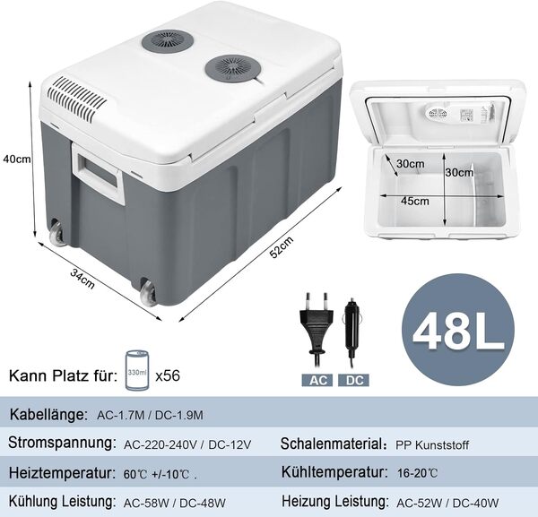 Glacière Électrique 12v et 230v avec Fonction de Refroidissement et de Chauffage 48 Litres Réfrigérateur Portable avec Poignée de Transport Boîte de Congélation pour Voiture Camion Camping