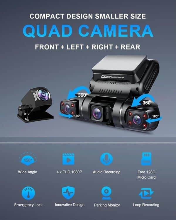 Yabdbg Dashcam Quad 4x1080P Avant,Gauche,Droite et Arrière Caméra Embarquée Voiture,GPS WiFi 24H Mode Parking,Vision Nocturne IR Dash Cam Voiture,150 ° Angle WDR 3 Pouces TFT G-Senseur Gratuit 128GB