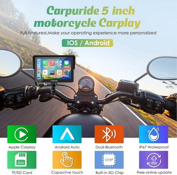 2025 Carpuride W502 Écran Portable sans Fil Carplay et Android Auto pour Moto, Navigation GPS, écran Tactile de 5 Pouces, Double Bluetooth, Carte TF 64G, GStéréo étanche IP67 pour Moto