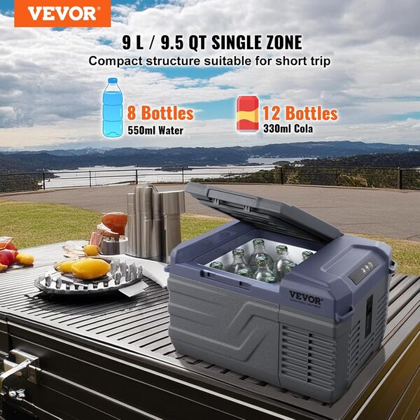 VEVOR Réfrigérateur Portable à Compression 9 L, Mini Frigo de Voiture 12/24 V CC et 100-240 V CA, Glacière à Zone Unique, -20 °C à 20 °C Température Réglable, pour Camion Bateau Maison Camping