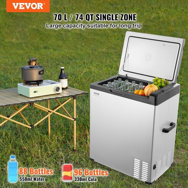 VEVOR Réfrigérateur Portable à Compression 70 L, Mini Frigo de Voiture 12/24 V CC et 100-240 V CA, Glacière à Zone Unique, -20 °C à 20 °C Température Réglable, pour Camion Bateau Maison Camping