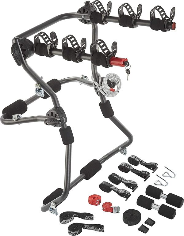 Mottez A016P3 Porte-Vélos sur Hayon à Fixation sur Barres de Toit Ou Barre Railing 3 Vélos avec Antivol, Noir