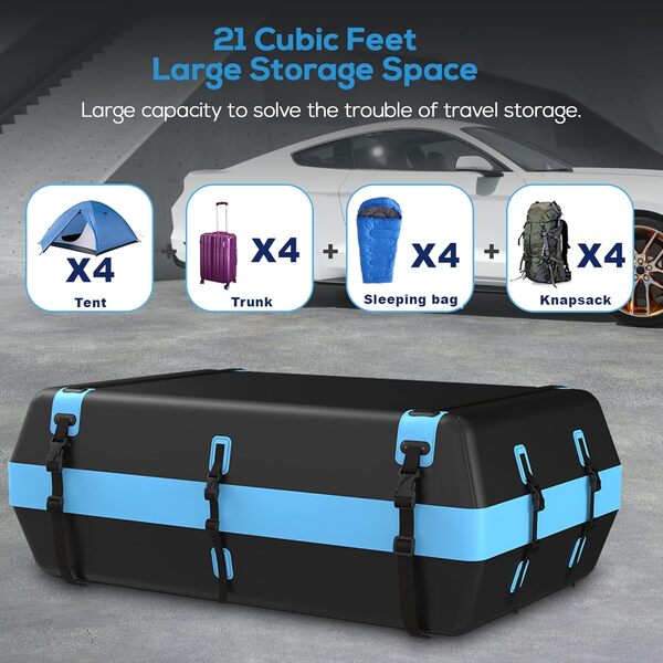 Coffre de Toit de Voiture 595L 21 Pieds Cubes Pliable étanche sur Le Toit de Voiture avec/sans Porte-Bagages,pour Voyages Camping,avec Tapis antidérapant étanche à Fermeture éclair 6 Crochets de Porte