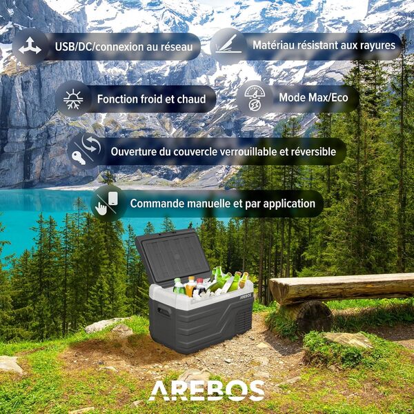 Arebos Glacière compresseur 26 l | Glacière électrique avec application et contrôle intelligent | Réfrigérateur mobile avec port USB | jusqu'à -20 °C | 12/24 V 230 V | Pour voiture, camion, camping,