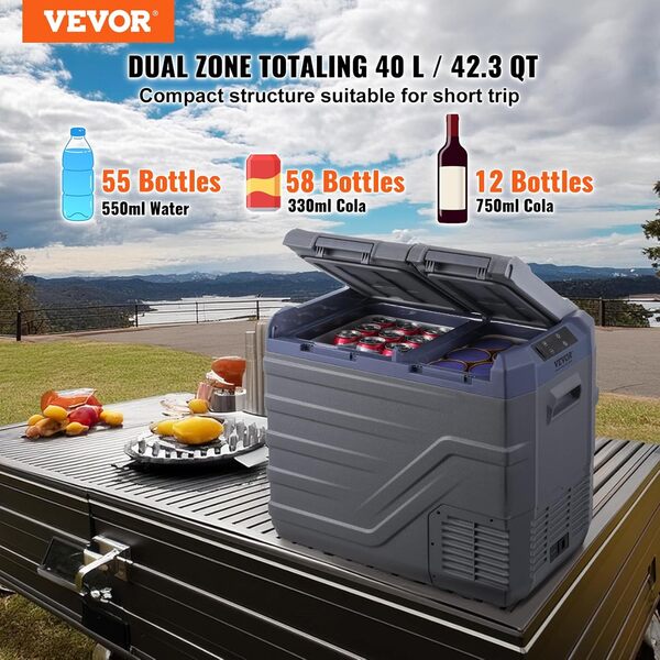 VEVOR Réfrigérateur de voiture, congélateur portable double zone de 40 L, réfrigérateur de voiture 12 V, plage réglable de 15,6 °C à 20 °C, 12/24 V CC et 100 à 240 V CA pour extérieur, camping,