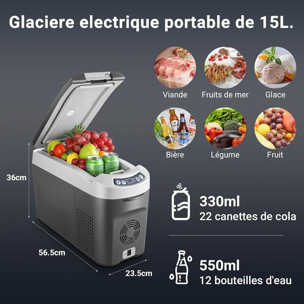 AAOBOSI 15L Glaciere électrique, 12V Réfrigérateur de Voiture à Compresseur, Frigo pour Voiture, Camion, Camping, Voyage [Classe énergétique D]