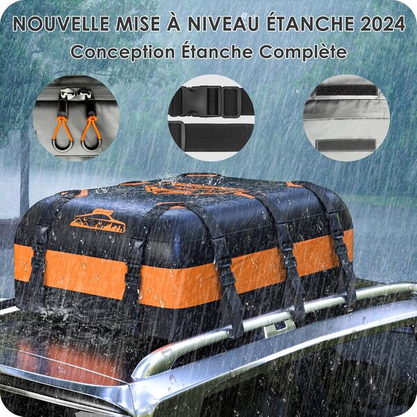 Rymopuey Coffre de Toit Voiture 20CFT/566L, Coffre de Toit Voiture étanche 700D Orange, Coffre de Toit avec Tapis Antidérapant et 10 Sangles D'arrimage, Coffre de Toit Plegable Con/Sin Bacas
