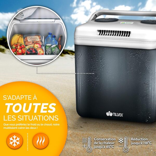 tillvex Glacière électrique 32 L | Mini réfrigérateur 230 V et 12 V pour Voiture, Voiture, Camping | refroidit et réchauffe | Mode ECO