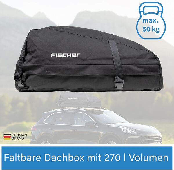 fischer 126000 Coffre de Toit Pliable, étanche et très Solide de 270 l avec Sac de Rangement, Black