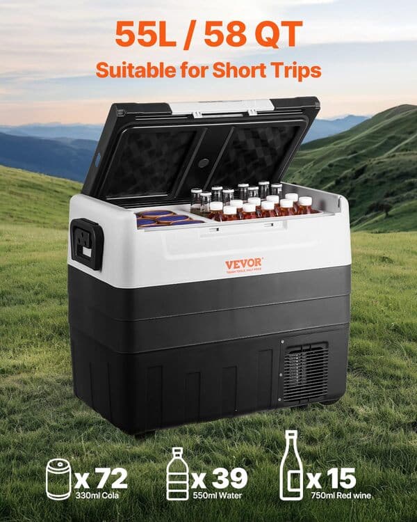 VEVOR Glacière Électrique Portable de 55 L Réfrigérateur de Voiture Portable 12/24 V CC 100-240 V CA Frigo Voiture Double Zone 0,6 kW.h -20 °C à 10 °C Réglable Congélateur pour Camion Bateau Camping