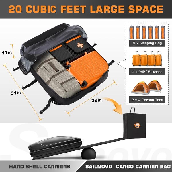 Sailnovo Coffre de toit de voiture pliable 20 pieds cubes étanche pour véhicules avec/sans porte-bagages 1000D avec sangle d'arrimage, crochet de sécurité et sac de rangement, pour les voyages et le