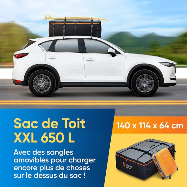BagMate Coffre De Toit Souple, Sac de Transport XXL 650 L (23 CU.Ft), Sac de Toit sans Barre 100% Imperméable Protection UV, Sac de Coffre Voiture Résistant pour Tout Type de Voiture