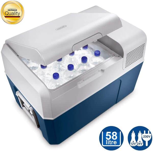 Mobicool MCF60 Glacière à compresseur 58 l, Bleu/Gris, Mini-frigo 12 V et 230 V pour Voiture, Camion, Bateau, Camping-Car et Prise de Courant [Classe énergétique B]